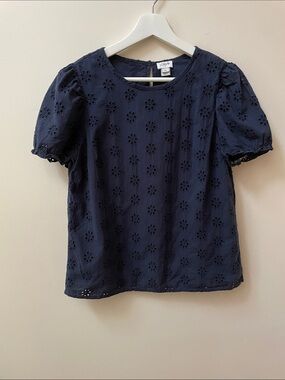 J. Crew Navy Floral Eyelet Puff Sleeve Top